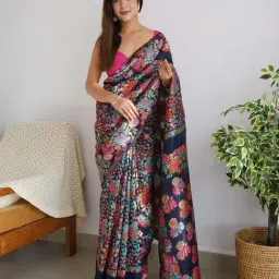SHUBHKALA Navy Silk Floral Print Saree With Unstitched Blouse-picture-10