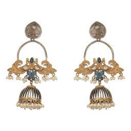 Saraf RS Jewellery Oxidised Dual Tone Pearl Beaded Floral Peacock Hoop Jhumka Earrings-picture-17