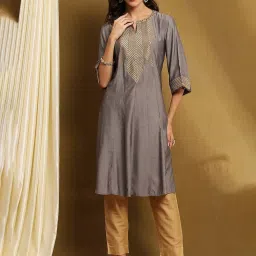 Biba Grey Polyester Blend Self Design 3/4th Sleeve Kurta image 1