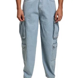 Bene Kleed Blue Cotton Loose fit Solid Cargo Jeans image 1