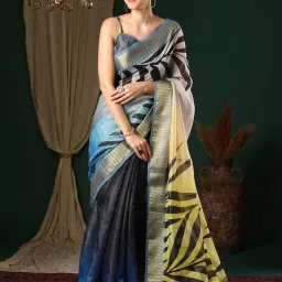 Saree Mall Navy Printed Sarees With Unstitched Blouse image 1