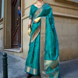 Saree Mall Blue Woven Sarees With Unstitched Blouse image 1