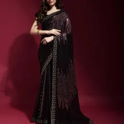 Odette Black & Pink Poly Georgette Embellished Saree with Unstitched Blouse image 1