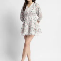 MADAME Off White & Pink Cotton Floral Print Fit & Flare Dress-picture-20