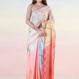 navyasa by liva Pink & Beige Printed Saree With Unstitched Blouse image 1