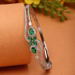 Zeneme Rhodium Plated Silver Toned Green American Diamond Openable Bracelet-image-10