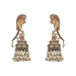 Saraf RS Jewellery Antique Gold Parrot Motif Pearl Beaded Handcrafted Jhumka Earrings-picture-35