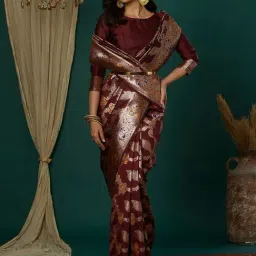 Satrani Maroon Silk Blend Woven Saree With Unstitched Blouse-picture-15