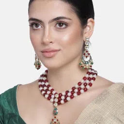 Estele Gold-Plated Kundan Ruby & Pearl Necklace Set with Meenakari for Women image 1