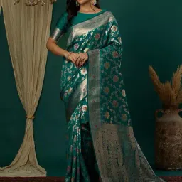 Satrani Green Silk Blend Woven Saree With Unstitched Blouse-picture-14