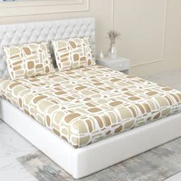 Haus & Kinder Cotton Beige Modern Matrix 144 TC Double Fitted Bedsheet with 2 Pillow Covers-picture-27