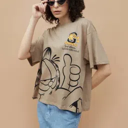 Ginger by Lifestyle Beige Cotton Printed T-Shirt-image-3