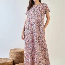 The Kaftan Company Red Cotton Regular Fit Floral SleepwearRobes-picture-13