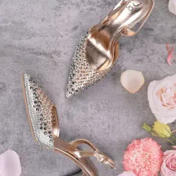 Jove Women's Champagne Back Strap Stilettos-picture-27