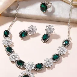 Anouk Rhodium Plated Silver Red Color Crystal AD Gemstone-Studded Jewelry Set image 5