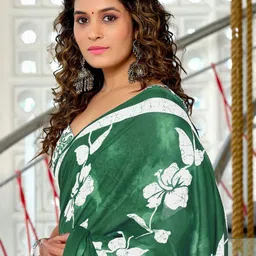 NIKATT Floral Printed Pure Cotton Block Print Saree with Unstitched Blouse image 5