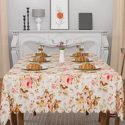 Kuber Industries Cream-Coloured 2 Pieces Floral 6-Seater Jute Table Cover & Dining Table image 4