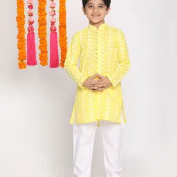 Vastramay Full Sleeves Paisley Chikankari Embroidered Kurta With Pyjama - Yellow-picture-20