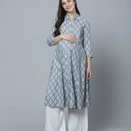 Zelena Three Fourth Sleeves Floral Motif Printed Maternity Feeding With Pockets Kurta - Blue-image-16