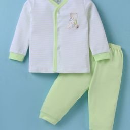 Zero Interlock Knit Full Sleeves Striped Night Suit with Bear Print - Light Green-picture-17