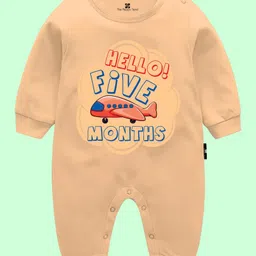 The Peppy Tend Monthly Birthday Theme 100% Cotton Full Sleeves Hello Five Months Text Printed Romper - Peach-picture-31