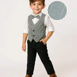 Mark & Mia Cotton Woven Full Sleeves Striped 3 Piece Party Suit With Bow - Dark Green & White-image-82