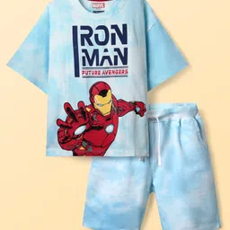 Pine Kids Marvel Single Jersey Knit Half Drop Shoulder Sleeves T-Shirt & Shorts Set With Avengers Graphics Tie & Dye Print & Badge Detailing - Light Blue-picture-23