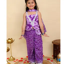AJ Dezines Cotton Woven Sleeveless Floral Printed & Gota Lace Embellished Top Palazzo & Dupatta Set - Purple-picture-21