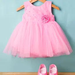 Bluebell Net Woven Sleeveless Frock & Booties With Floral Applique - Light Pink-picture-26