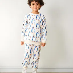 Anthrilo Fleece Knit Full Sleeves Penguin Printed Coordinating Winter Sweatshirt & Jogger Set - Off White-picture-18