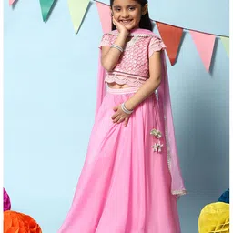 BIBA Half Sleeves  Net Motif Abstract Mirror Work Embroidered Choli & Lehenga Set - Bubblegum Pink image 4