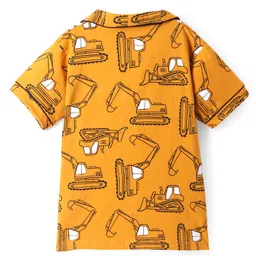 Pine Kids Single Jersey Knit Half Sleeves Short Night Suit With Vehicle Print - Mustard image 3