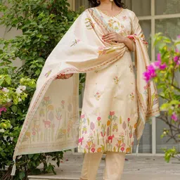 THE52 Floral Embroidered Beads & Stones Straight Kurta With Trousers & Dupatta image 4