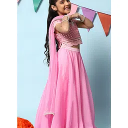 BIBA Half Sleeves  Net Motif Abstract Mirror Work Embroidered Choli & Lehenga Set - Bubblegum Pink image 5