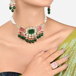 Zaveri Pearls Multicolor Cluster Drop Kundan Multistrand Choker Necklace Earring Ring Set-ZPFK16083 image 1