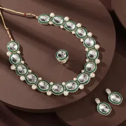 Zaveri Pearls Green Enamel & Artificial Stones Embellished Necklace Earring & Ring Set-ZPFK16632 image 1