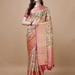 JUST FASHION Beige & Pink Silk Printed Saree With Unstitched Blouse image 1