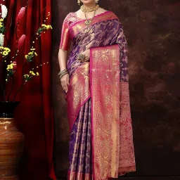 JUST FASHION Purple & Pink Silk Zari Work Saree With Unstitched Blouse image 1