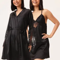 Clovia Black Chic Basic Robe With Matching Babydoll- Satin image 1