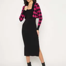 MADAME Black Plain Shift Dress with Shrug image 1