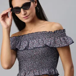 KASSUALLY Navy Floral Print Crop Top image 1