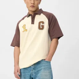 The Souled Store Beige Cotton Loose Fit Printed Polo T-Shirt image 1