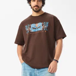 The Souled Store Brown Cotton Loose Fit Printed T-Shirt image 1