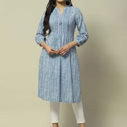 Rangriti Blue Cotton Printed A Line Kurta image 1