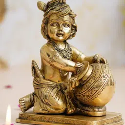 eCraftIndia Gold Brass Bal Gopal Krishna having Makhan Statue-image-46