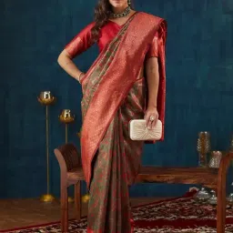 Satrani Red Silk Blend Woven Saree With Unstitched Blouse-image-91