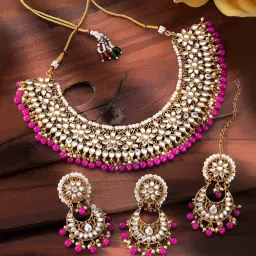 Peora Gold Plated Kundan Choker Necklace Earrings with Maang Tikka Set image 1