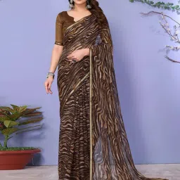 Satrani Brown Printed Saree With Unstitched Blouse image 1