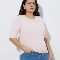 Gia by Westside Light Pink Solid Knitted T-Shirt image 1