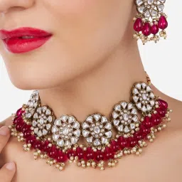 Zaveri Pearls Rani Pink Dazzling Kundan & Artificial Beads Necklace & Earring Set-ZPFK17111 image 1